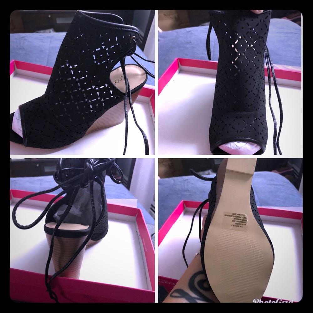 Open toe & heel lace up lattice wedges